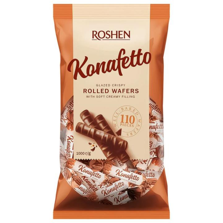 شکلات ویفر رولی با مغز کرم شیری و روکش شکلاتی کنافتتو بیانکو روشن KONAFETTO bianco Roshen