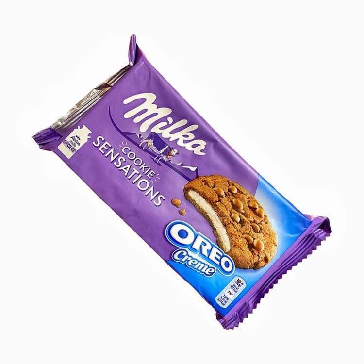 کوکی میلکا با مغز کرم اورئو و تزیین چیپس شکلات بسته ۶ عددی ۱۵۶ گرم milka sensations cookies oreo