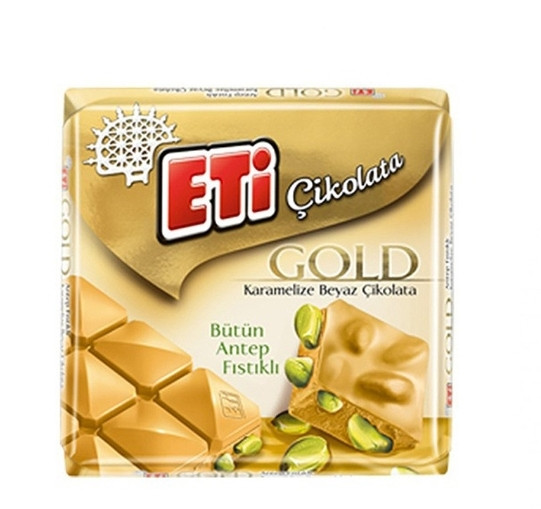شکلات سفید کاراملی با مغز پسته اتی مدل GOLD وزن 60 گرم