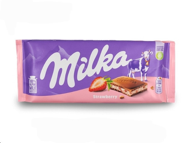 تابلت شکلات شیری با مغز ماست و توت فرنگی 100 گرمی میلکا Milka Strawberry