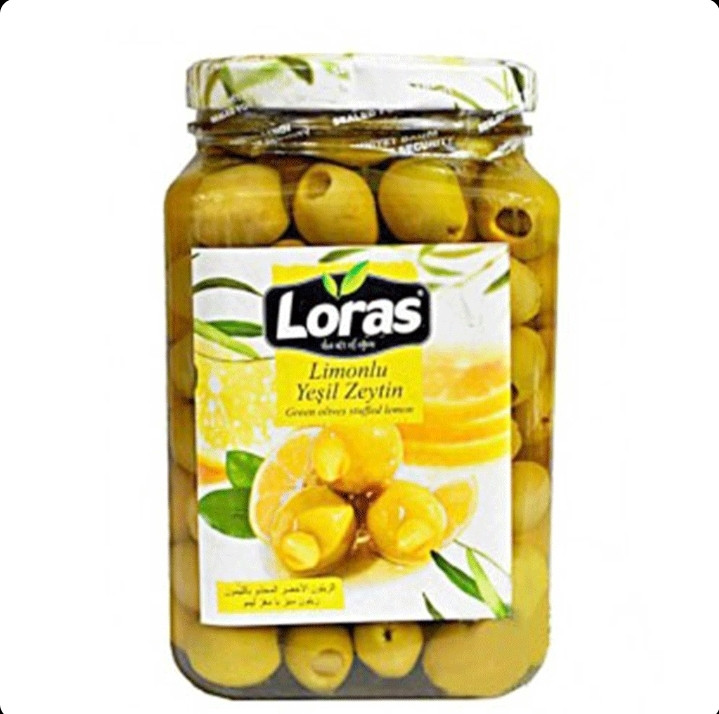 زیتون سبز درشت بدون هسته با مغز لیمو وزن1500 گرم(۹۰۰گرم زیتون خالص) لوراس Loras