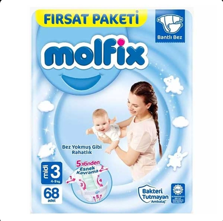 پوشک چسبی molfix مولفیکس سایز 3 بسته 68 عددی