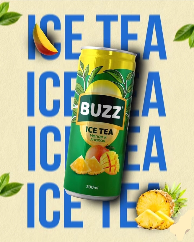 چای سرد ارگانیک بوزز buzz با طعم آناناس و انبه حجم 330 میلی لیتر